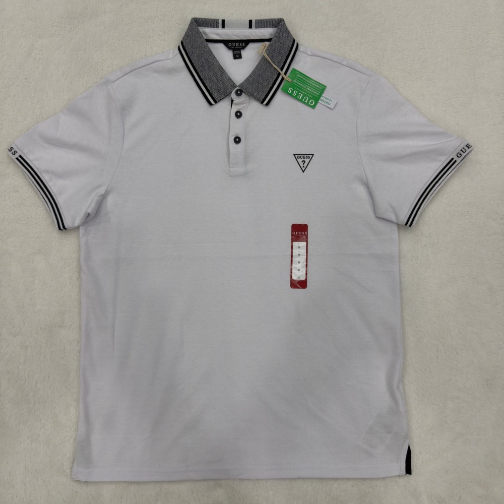 Guess Mens White Short Sleeve Polo Shirt Triangle Logo X5BP11 K4841 Medium